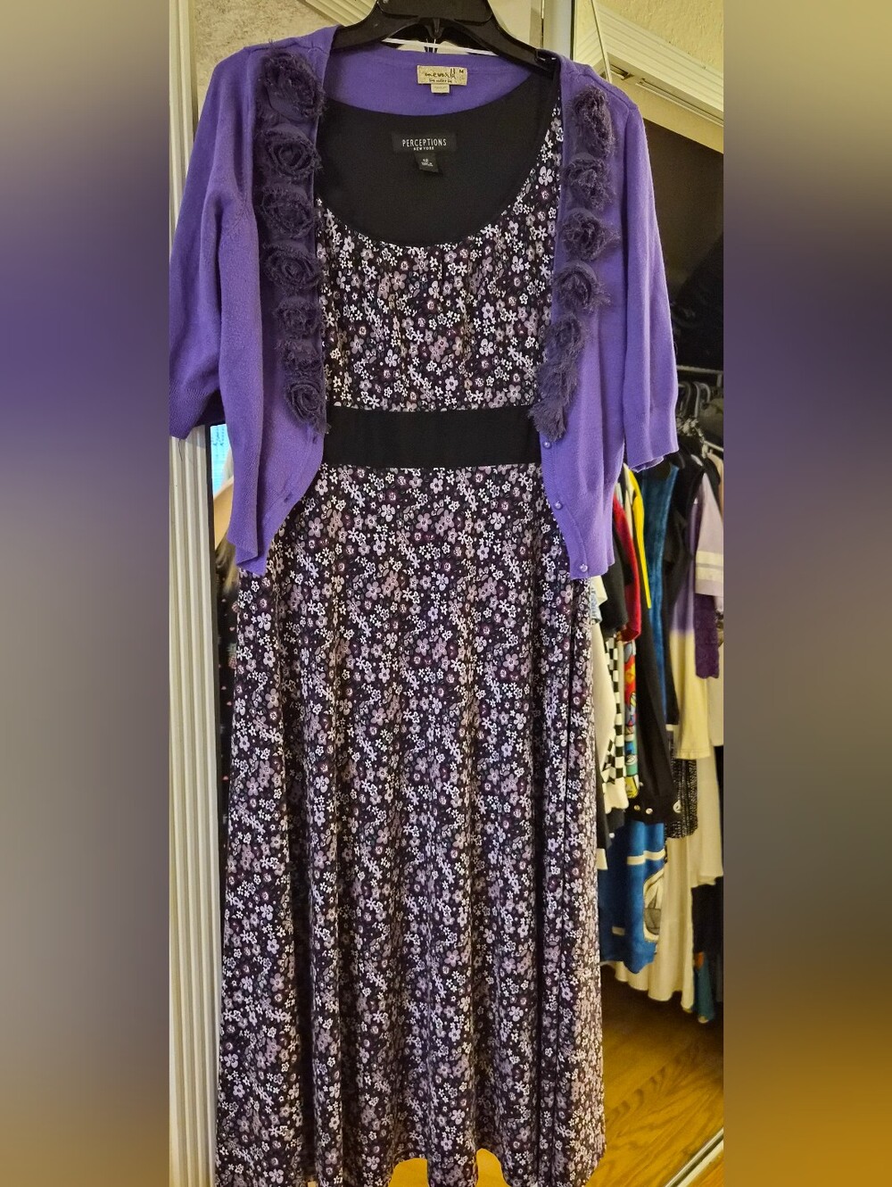 Perceptions Purple Floral Midi Dress with Black Waistband With Free Cardigan